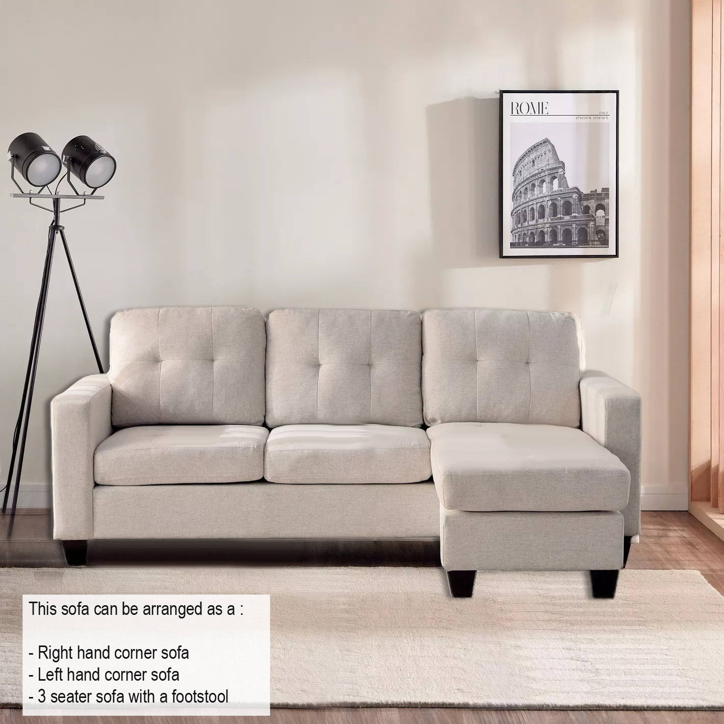 Luna Linen Fabric 3 Seater Convertible Sectional Sofa in Beige Luna Linen Fabric 3 Seater Convertible Sectional Sofa in Beige - Image 5