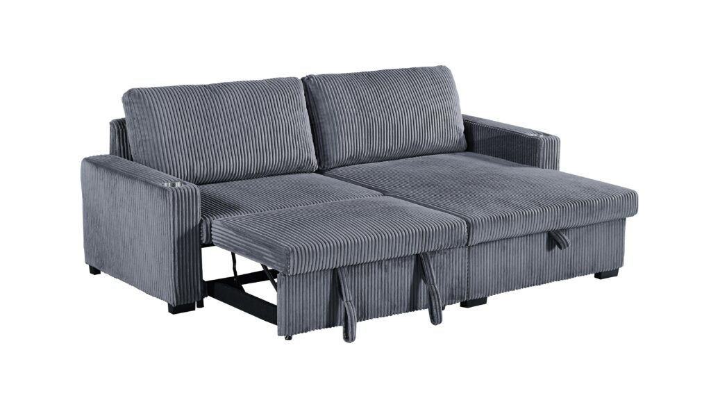 Florence Jumbo Cord L-Shape Sofa with Storage Chaise, Pullout Footrest and Built-in Cupholders in Grey