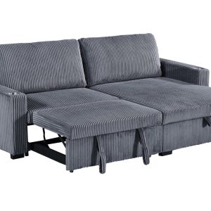 Florence Jumbo Cord L-Shape Sofa with Storage Chaise, Pullout Footrest and Built-in Cupholders in Grey - Image 6