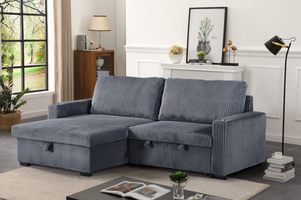 Florence Jumbo Cord L-Shape Sofa with Storage Chaise, Pullout Footrest and Built-in Cupholders in Grey