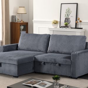 Florence Jumbo Cord L-Shape Sofa with Storage Chaise, Pullout Footrest and Built-in Cupholders in Grey - Image 3