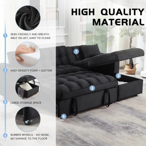 Madrid Velvet 3 Seater Pullout Sofa Bed in Black with Reversible Storage Chaise Madrid Velvet 3 Seater Pullout Sofa Bed in Black with Reversible Storage Chaise - Image 7