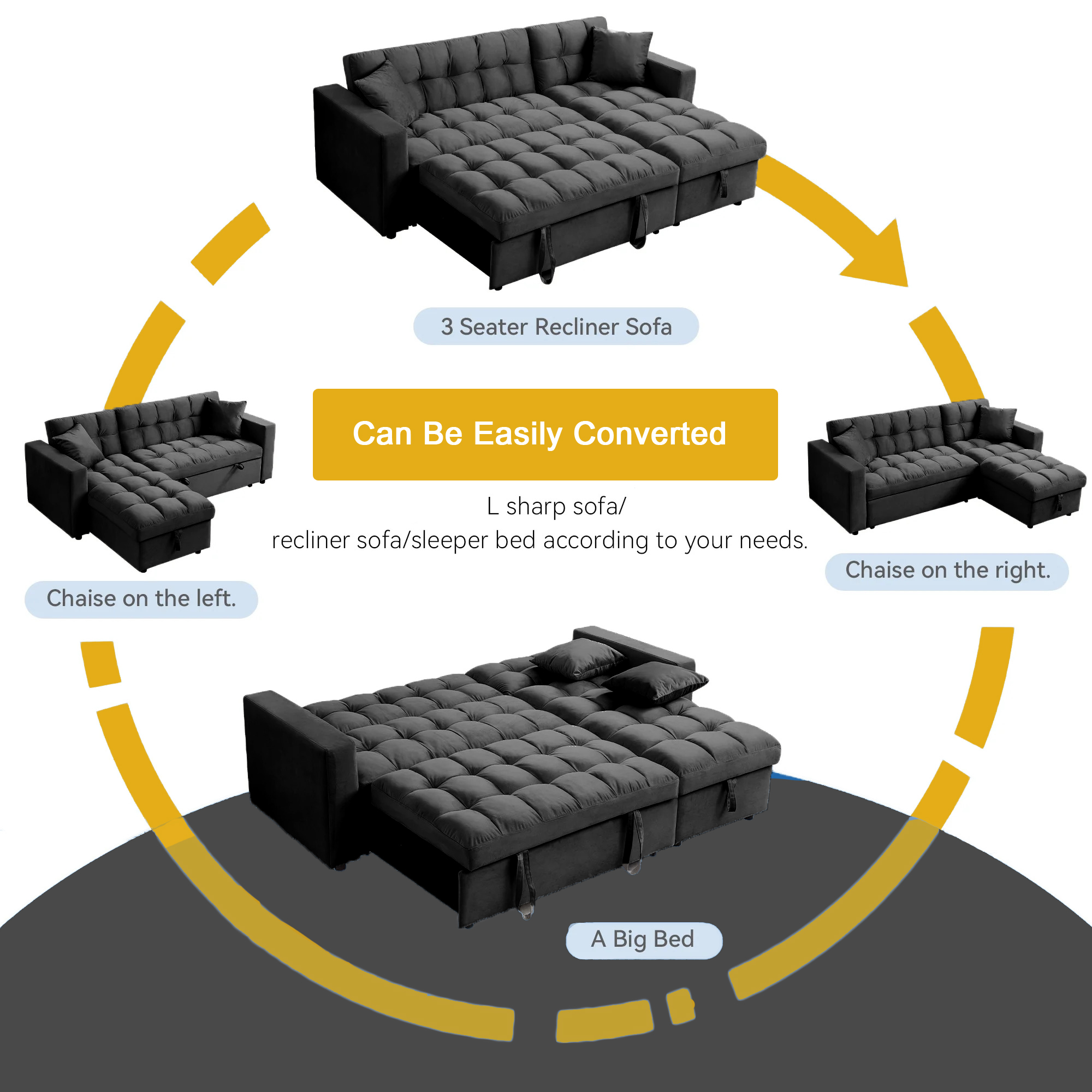 Madrid Velvet 3 Seater Pullout Sofa Bed in Black with Reversible Storage Chaise Madrid Velvet 3 Seater Pullout Sofa Bed in Black with Reversible Storage Chaise - Image 8