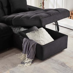 Madrid Velvet 3 Seater Pullout Sofa Bed in Black with Reversible Storage Chaise Madrid Velvet 3 Seater Pullout Sofa Bed in Black with Reversible Storage Chaise - Image 3