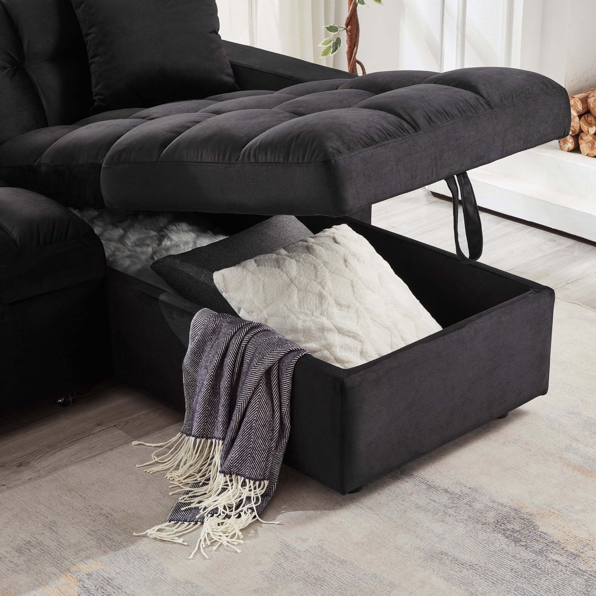 Madrid Velvet 3 Seater Pullout Sofa Bed in Black with Reversible Storage Chaise Madrid Velvet 3 Seater Pullout Sofa Bed in Black with Reversible Storage Chaise - Image 3