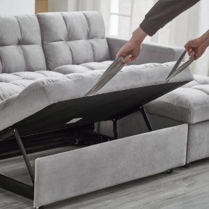 Madrid Velvet 3 Seater Pullout Sofa Bed in Grey with Reversible Storage Chaise - Image 6
