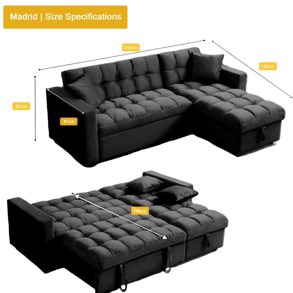 Madrid Velvet 3 Seater Pullout Sofa Bed in Black with Reversible Storage Chaise Madrid Velvet 3 Seater Pullout Sofa Bed in Black with Reversible Storage Chaise