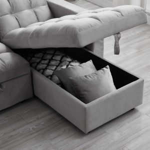 Madrid Velvet 3 Seater Pullout Sofa Bed in Grey with Reversible Storage Chaise - Image 5