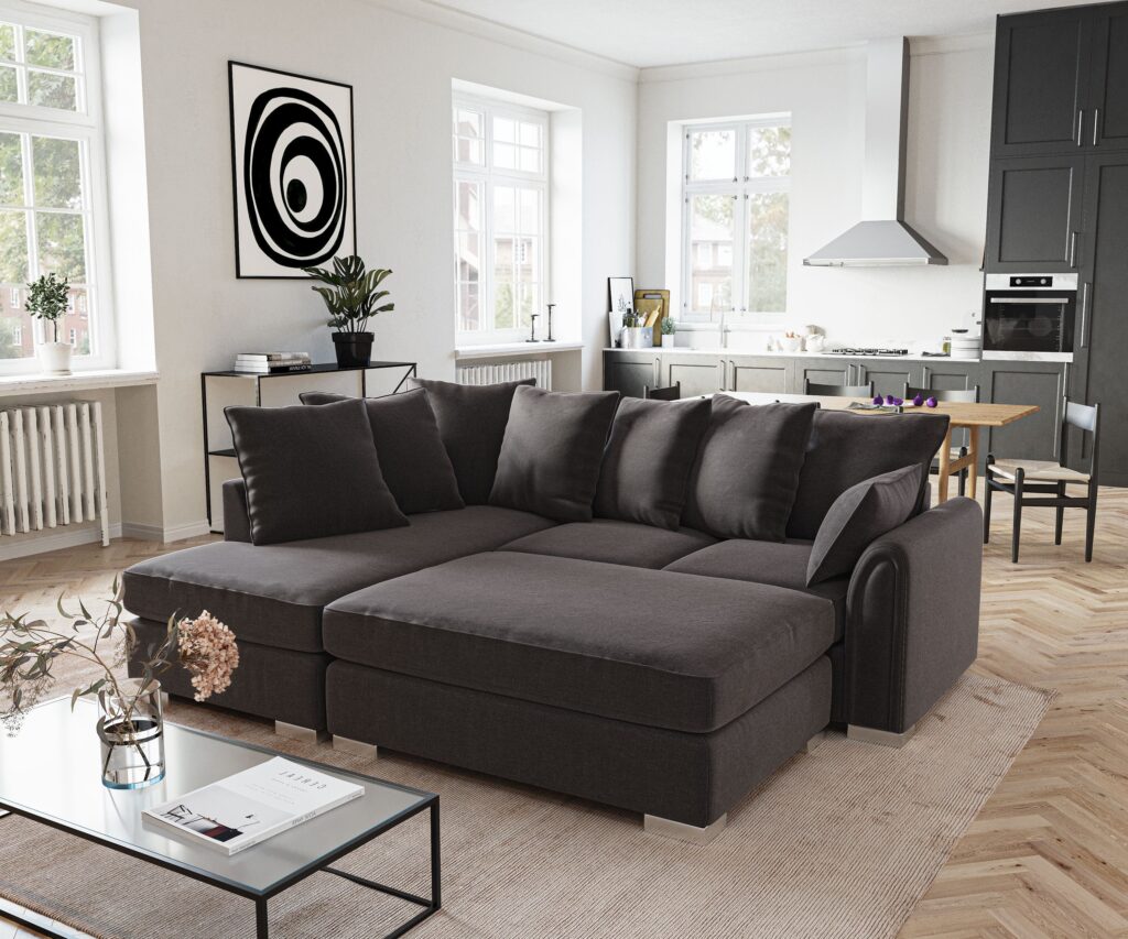 Chiswick Chenille 4 Seater Fabric Corner Sofa in Black with Footstool