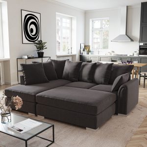 Alternative view of Chiswick Chenille 4 Seater Fabric Corner Sofa in Black with Footstool