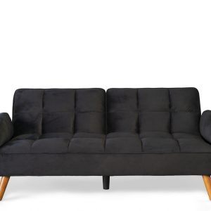 Ashby Velvet 3-Seater Sofa Bed Futon Settee with Wooden Legs in Black Ashby Velvet 3-Seater Sofa Bed Futon Settee with Wooden Legs in Black - Image 5