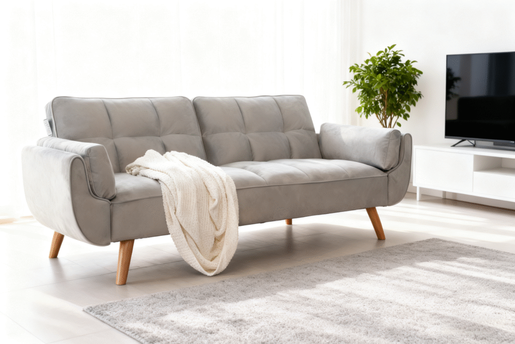 Ashby Velvet 3-Seater Sofa Bed Futon Settee with Wooden Legs in Light Grey