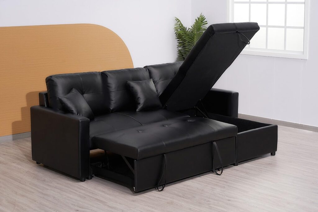Newport Leather 3 Seater Pullout Sofa Bed in Black with Storage Compartment
