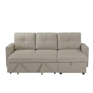Newport Leather 3 Seater Pullout Sofa Bed in Beige with Storage Compartment - Image 4
