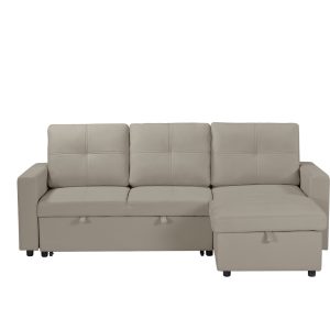 Newport Leather 3 Seater Pullout Sofa Bed in Beige with Storage Compartment - Image 5