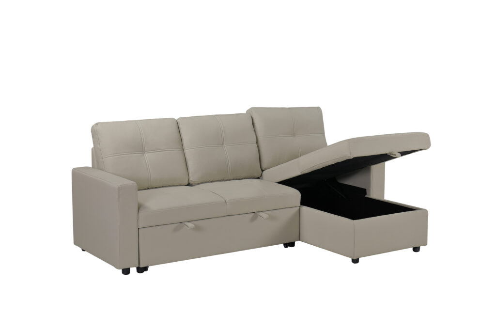 Newport Leather 3 Seater Pullout Sofa Bed in Beige with Storage Compartment