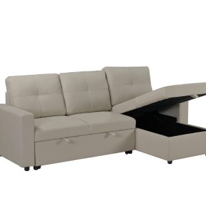 Newport Leather 3 Seater Pullout Sofa Bed in Beige with Storage Compartment - Image 7