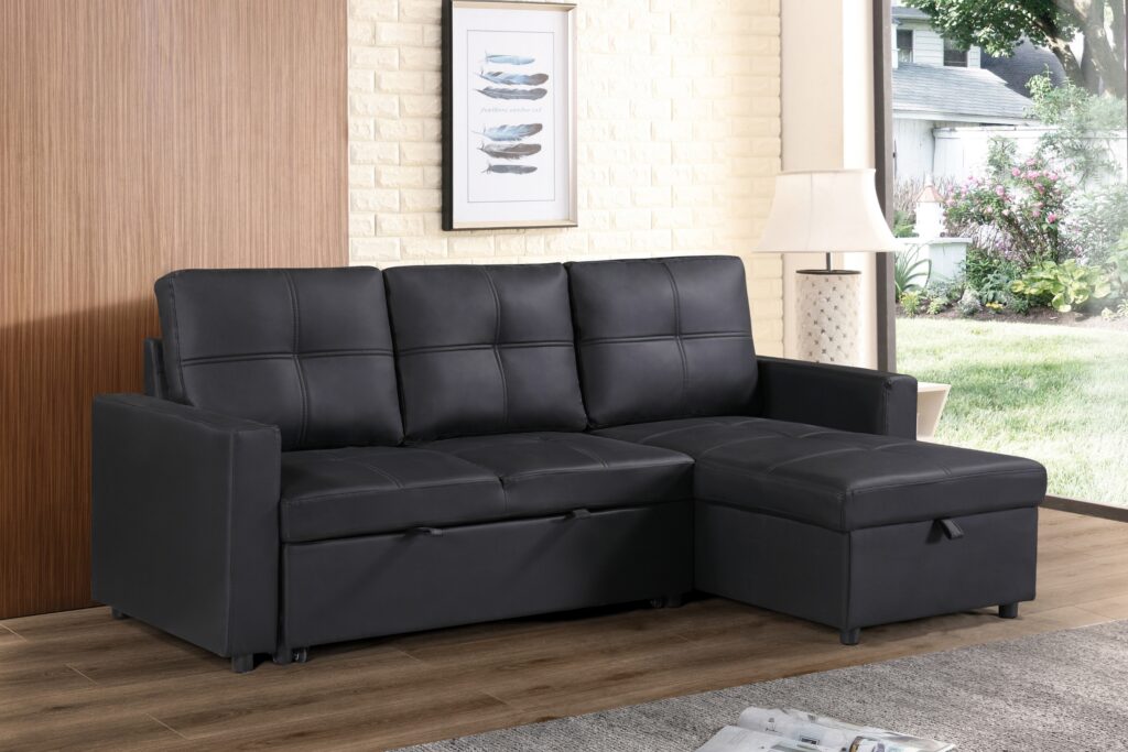 Newport Leather 3 Seater Pullout Sofa Bed in Black with Storage Compartment