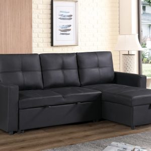 Newport Leather 3 Seater Pullout Sofa Bed in Black with Storage Compartment - Image 3