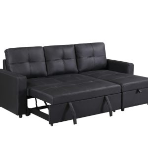 Newport Leather 3 Seater Pullout Sofa Bed in Black with Storage Compartment - Image 6