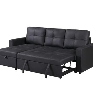 Newport Leather 3 Seater Pullout Sofa Bed in Black with Storage Compartment - Image 7
