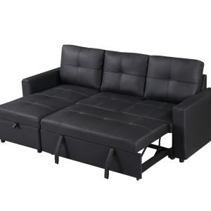 Newport Leather 3 Seater Pullout Sofa Bed in Black with Storage Compartment - Image 9