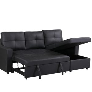 Newport Leather 3 Seater Pullout Sofa Bed in Black with Storage Compartment - Image 8