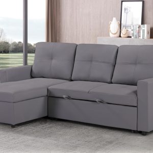 Newport Leather 3 Seater Pullout Sofa Bed in Grey with Storage Compartment - Image 3