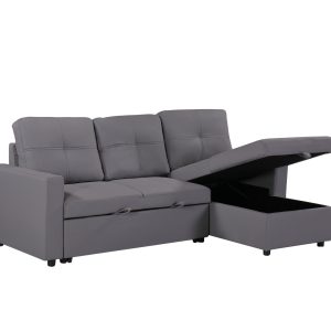 Newport Leather 3 Seater Pullout Sofa Bed in Grey with Storage Compartment - Image 10