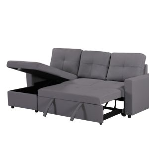 Newport Leather 3 Seater Pullout Sofa Bed in Grey with Storage Compartment - Image 14
