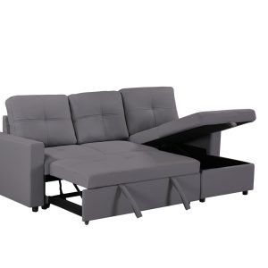 Newport Leather 3 Seater Pullout Sofa Bed in Grey with Storage Compartment - Image 15