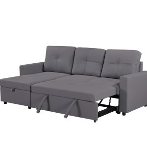 Newport Leather 3 Seater Pullout Sofa Bed in Grey with Storage Compartment - Image 12