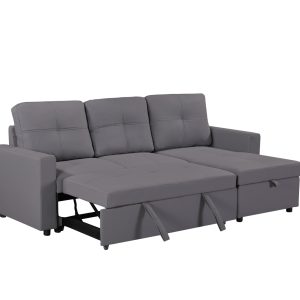 Newport Leather 3 Seater Pullout Sofa Bed in Grey with Storage Compartment - Image 13
