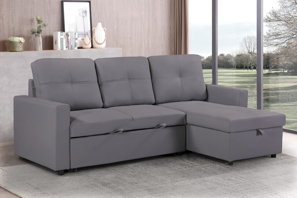 Newport Leather 3 Seater Pullout Sofa Bed in Grey with Storage Compartment