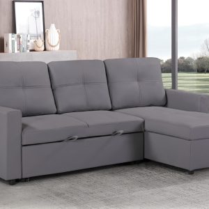 Newport Leather 3 Seater Pullout Sofa Bed in Grey with Storage Compartment - Image 4