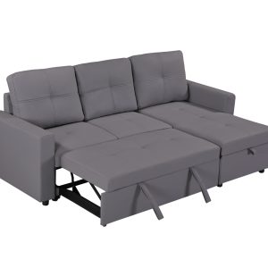 Newport Leather 3 Seater Pullout Sofa Bed in Grey with Storage Compartment - Image 8