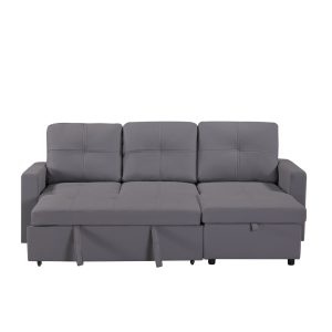 Newport Leather 3 Seater Pullout Sofa Bed in Grey with Storage Compartment - Image 5