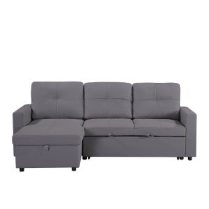 Newport Leather 3 Seater Pullout Sofa Bed in Grey with Storage Compartment - Image 6