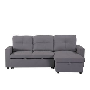 Newport Leather 3 Seater Pullout Sofa Bed in Grey with Storage Compartment - Image 7