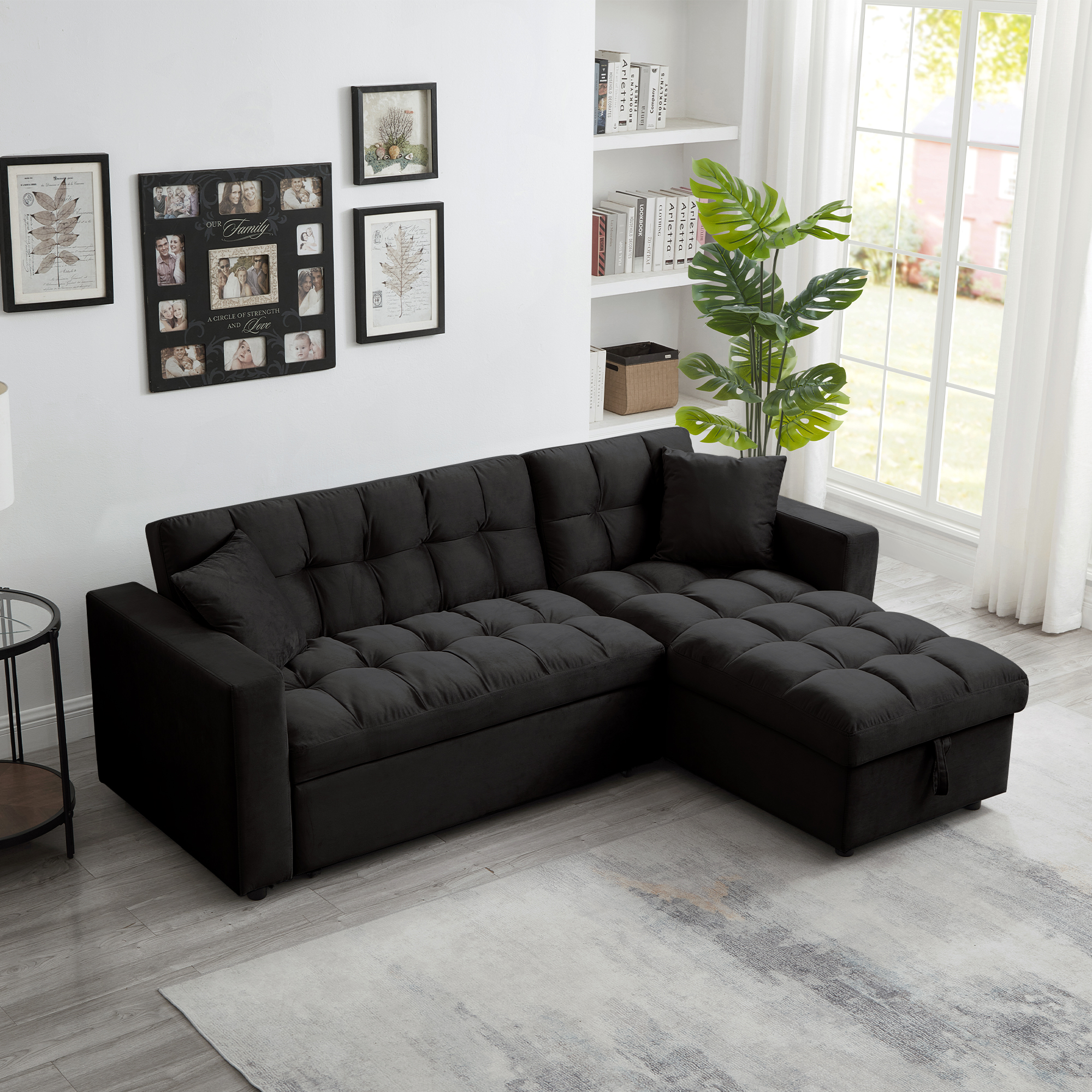 Madrid Velvet 3 Seater Pullout Sofa Bed in Black with Reversible Storage Chaise Madrid Velvet 3 Seater Pullout Sofa Bed in Black with Reversible Storage Chaise