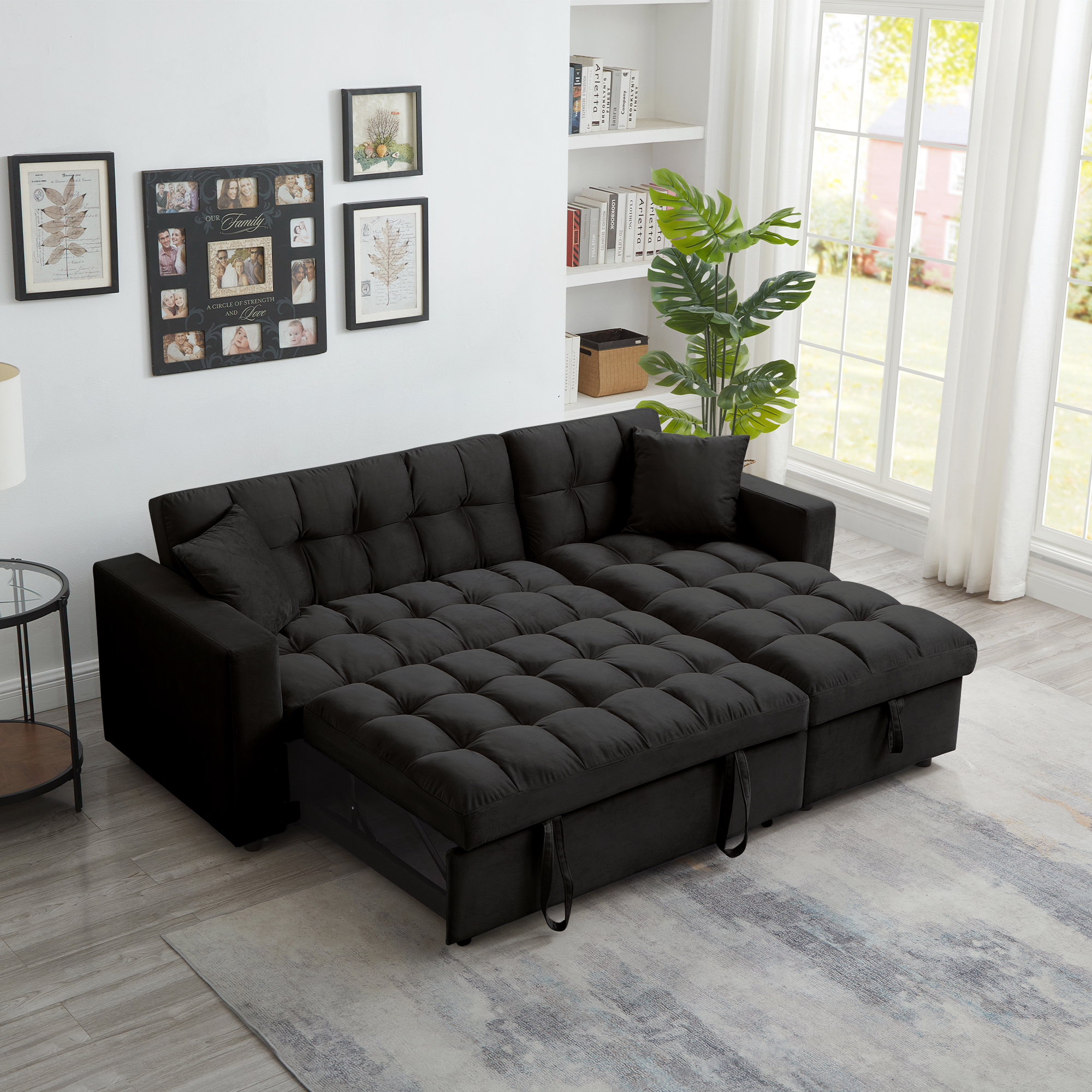 Madrid Velvet 3 Seater Pullout Sofa Bed in Black with Reversible Storage Chaise Madrid Velvet 3 Seater Pullout Sofa Bed in Black with Reversible Storage Chaise - Image 2
