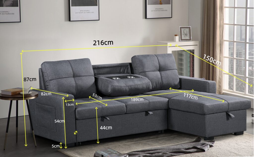 Naples Linen 3-Seater L Shape Sofa with Storage Chaise, Pullout Footrest & Drop-Down Drinks Holder in Light Grey Naples 2591 Dimensions