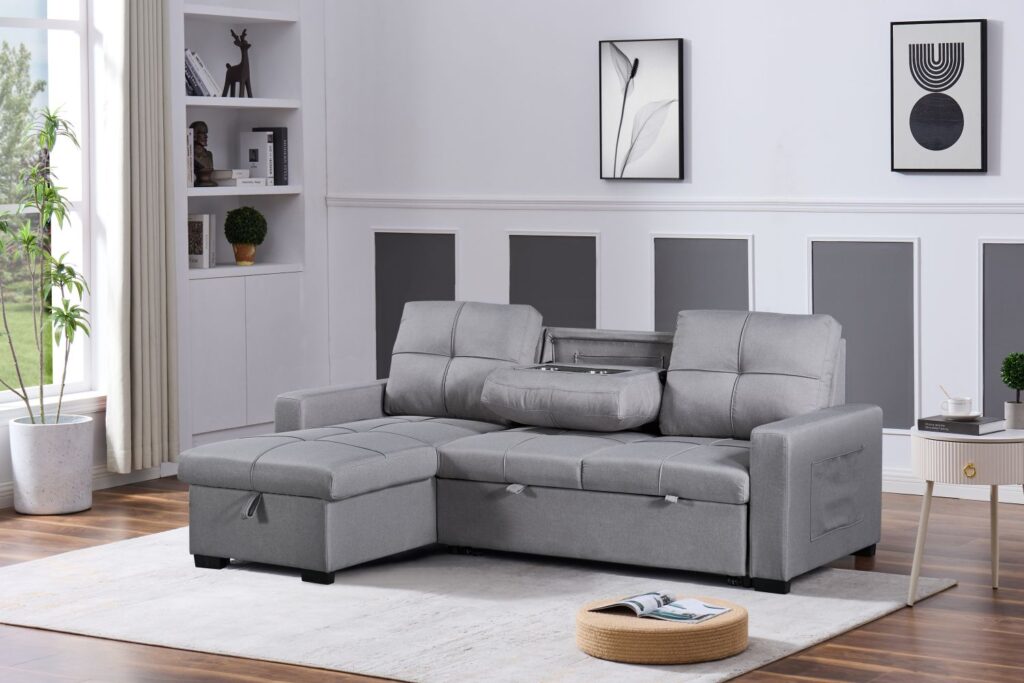 Naples Linen 3-Seater L Shape Sofa with Storage Chaise, Pullout Footrest & Drop-Down Drinks Holder in Light Grey