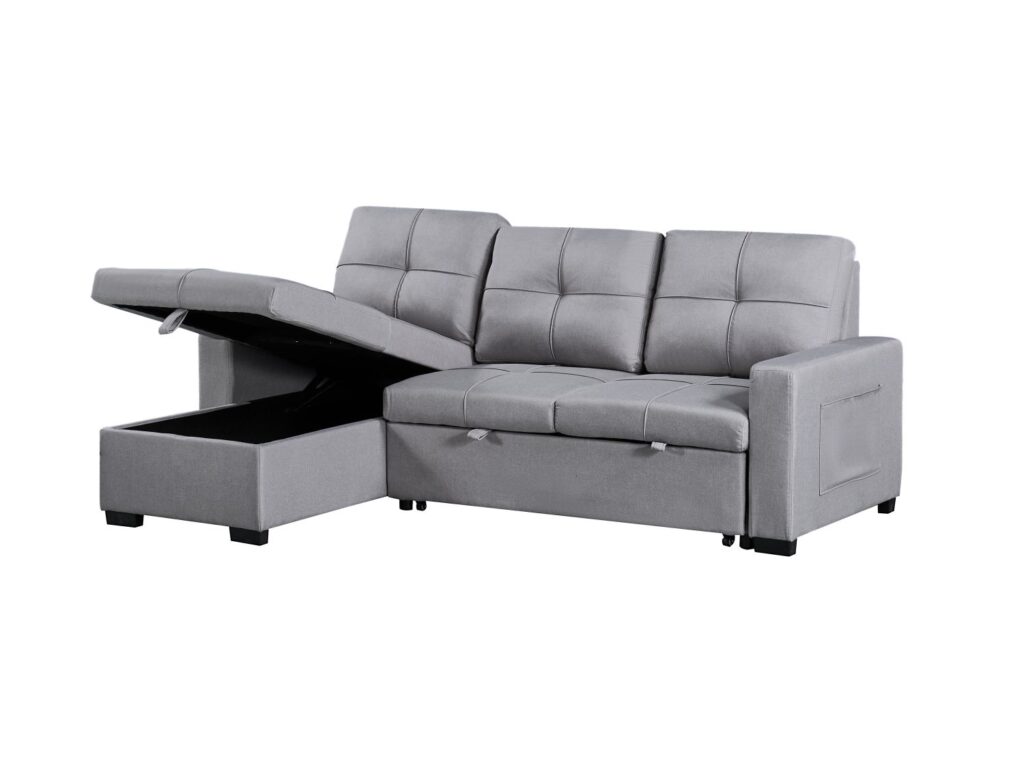 Naples Linen 3-Seater L Shape Sofa with Storage Chaise, Pullout Footrest & Drop-Down Drinks Holder in Light Grey