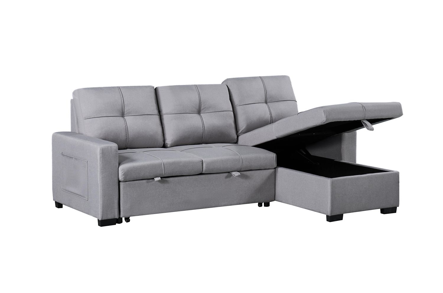 Naples Linen 3-Seater L Shape Sofa with Storage Chaise, Pullout Footrest & Drop-Down Drinks Holder in Light Grey Naples Linen 3-Seater L Shape Sofa with Storage Chaise, Pullout Footrest & Drop-Down Drinks Holder in Light Grey - Image 7