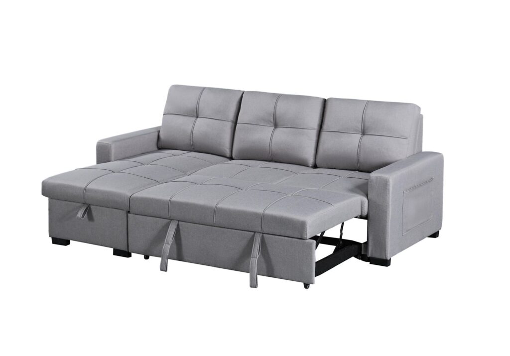Naples Linen 3-Seater L Shape Sofa with Storage Chaise, Pullout Footrest & Drop-Down Drinks Holder in Light Grey