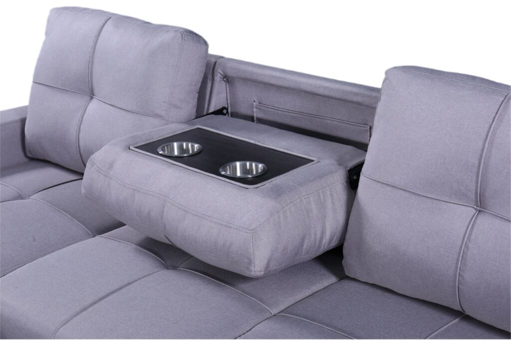 Naples Linen 3-Seater L Shape Sofa with Storage Chaise, Pullout Footrest & Drop-Down Drinks Holder in Light Grey
