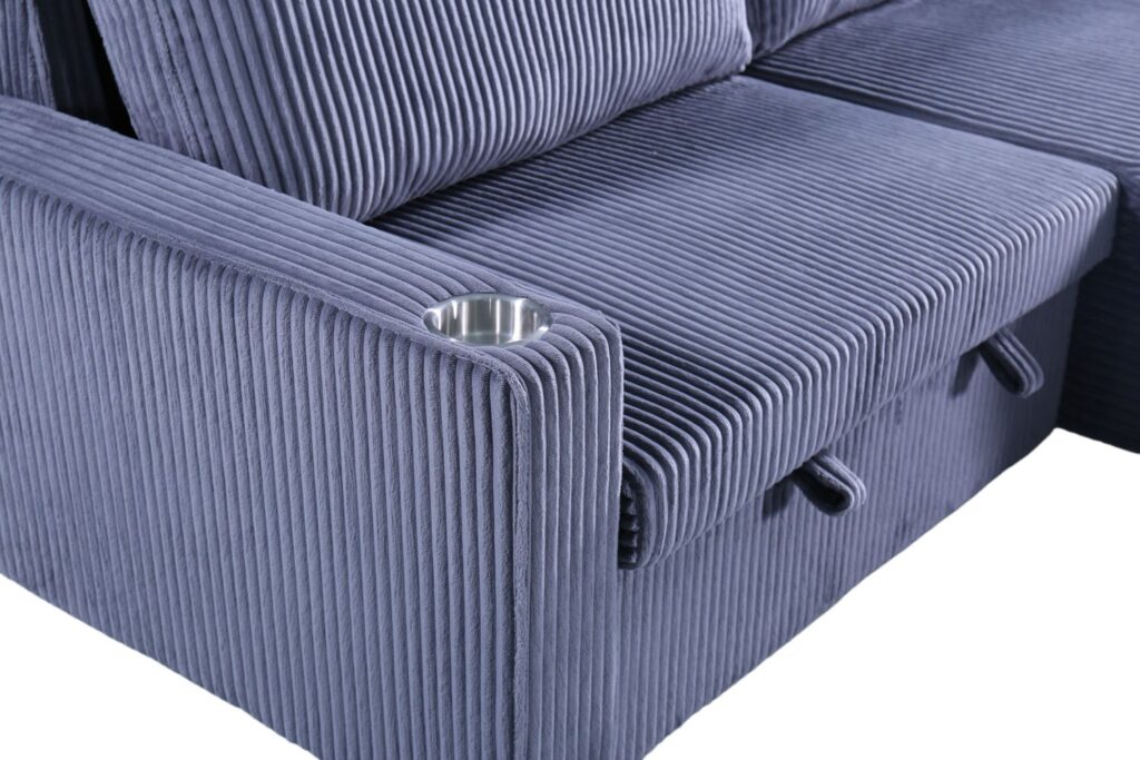 Florence Jumbo Cord L-Shape Sofa with Storage Chaise, Pullout Footrest and Built-in Cupholders in Grey