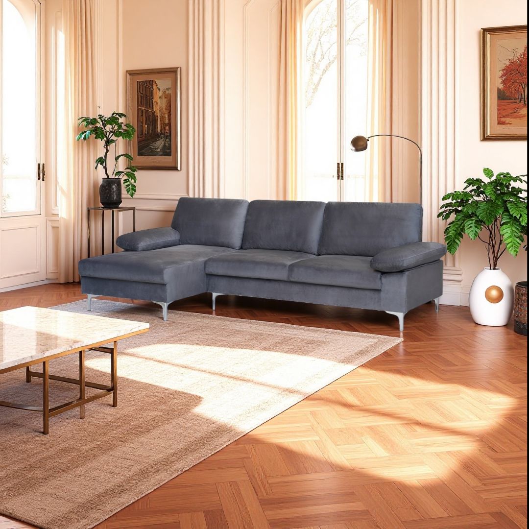 Venosa Velvet 3 Seater L-Shape Sofa in Grey Venosa Velvet 3 Seater L-Shape Sofa in Grey - Image 3