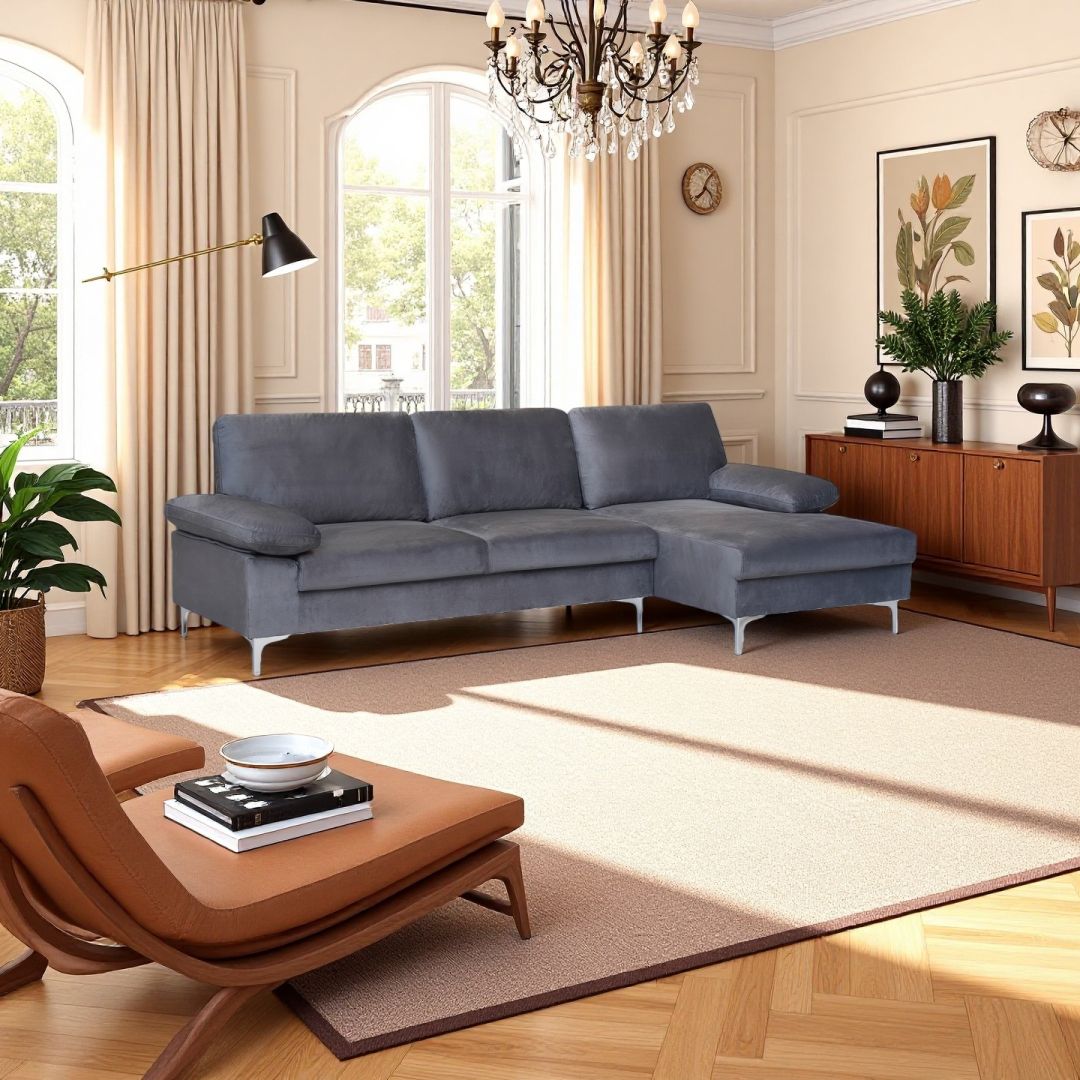 Venosa Velvet 3 Seater L-Shape Sofa in Grey Venosa Velvet 3 Seater L-Shape Sofa in Grey - Image 2